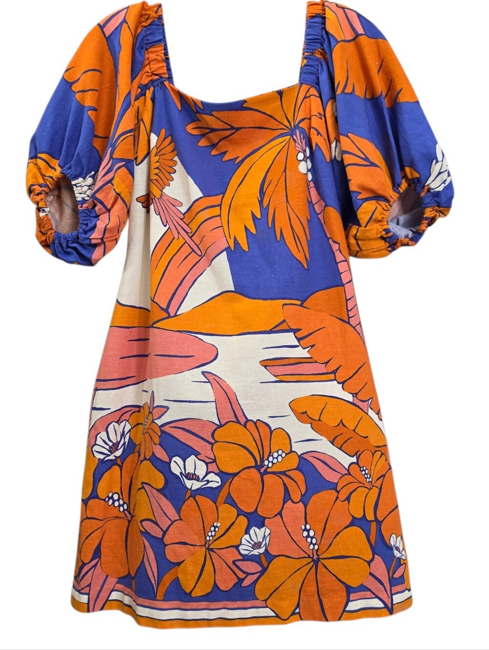 Farm Rio Hawaiian Orange & Blue Puff Sleeve Square Neck Mini Dress